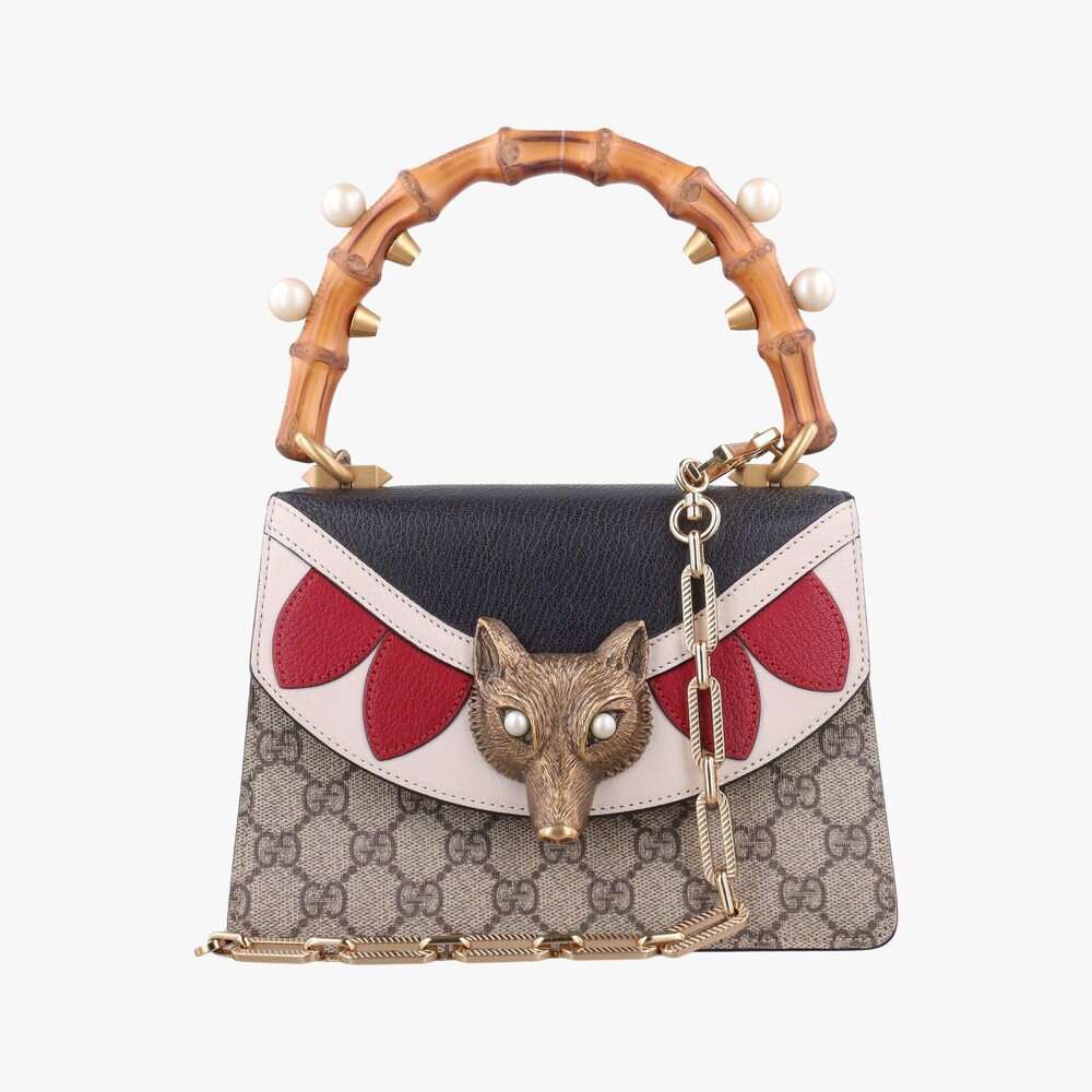 Gucci Fox Brooch Bamboo Multicolor Canvas Leather Beige Tan